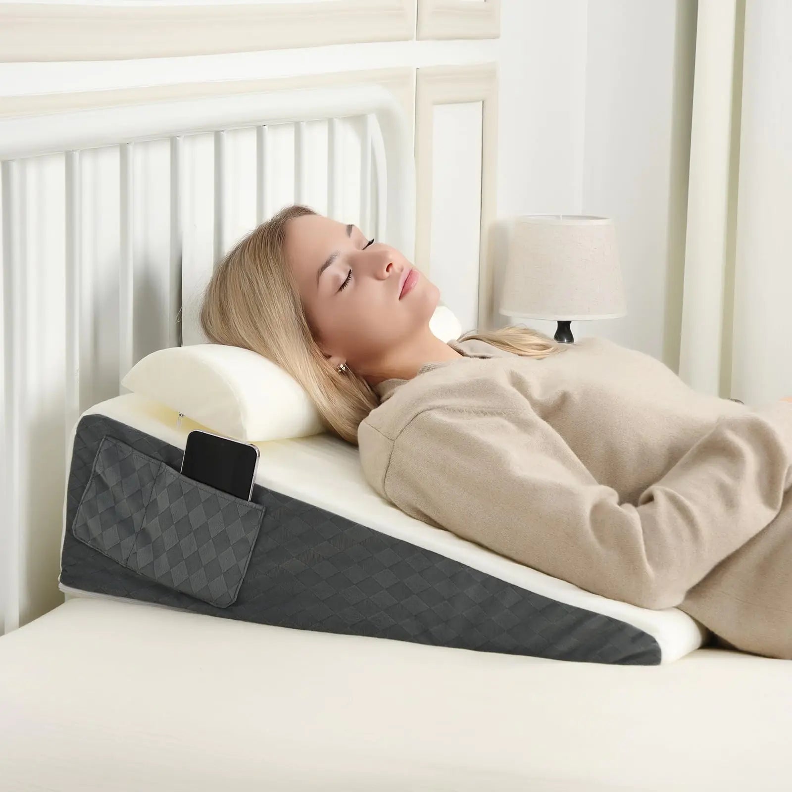 Memeluckon Bed Wedge Pillow for Sleep Apnea 22x22x7 Triangle Wedge Pillow with Neck Pillow for Sleeping Acid Reflux Back Pain Relief Post Surgery GERD Bed Wedge Pillow for Sleep Apnea